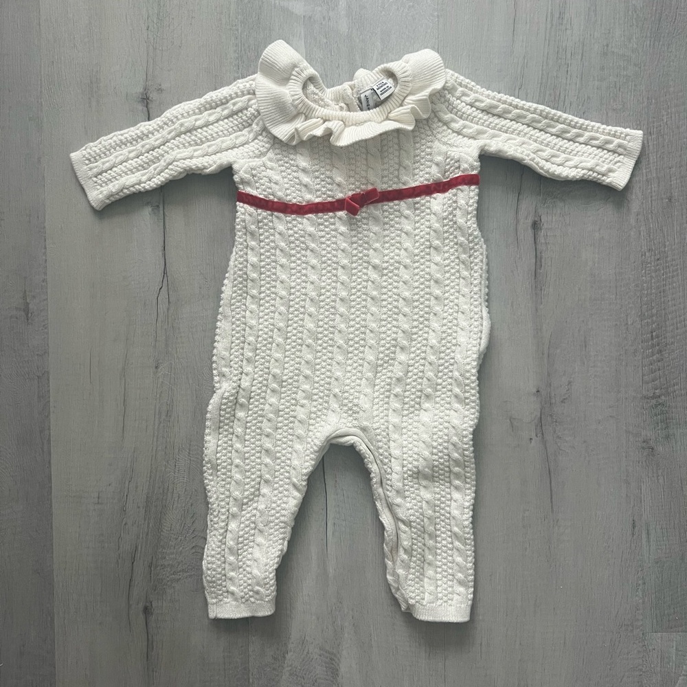 Janie and Jack Ivory Cable Knit Ruffle Collar One-Piece with Red Waist Trim